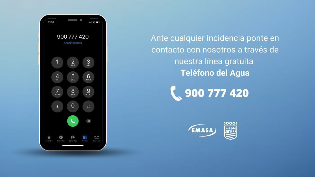 📞 900 777 420 es el teléfono gratuito del agua para comunicar cualquier incidencia o consultar información sobre el servicio de #EMASAMalaga.

Disponible las 24 horas, en horario nocturno (00:00 – 7:00h) exclusivamente para avería: emasa.es/contacto/