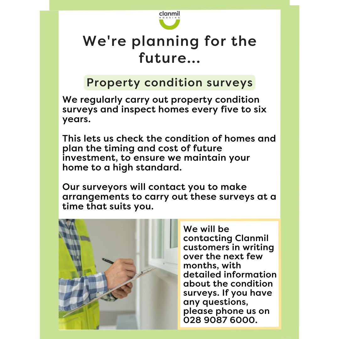 Do you live in a Clanmil home?🏘️

Look out for a letter in the post from us about a survey that may be carried out. 

One of our surveyors, Gleeds or Moore MacDonald, will always contact you in advance to arrange a visit.📲