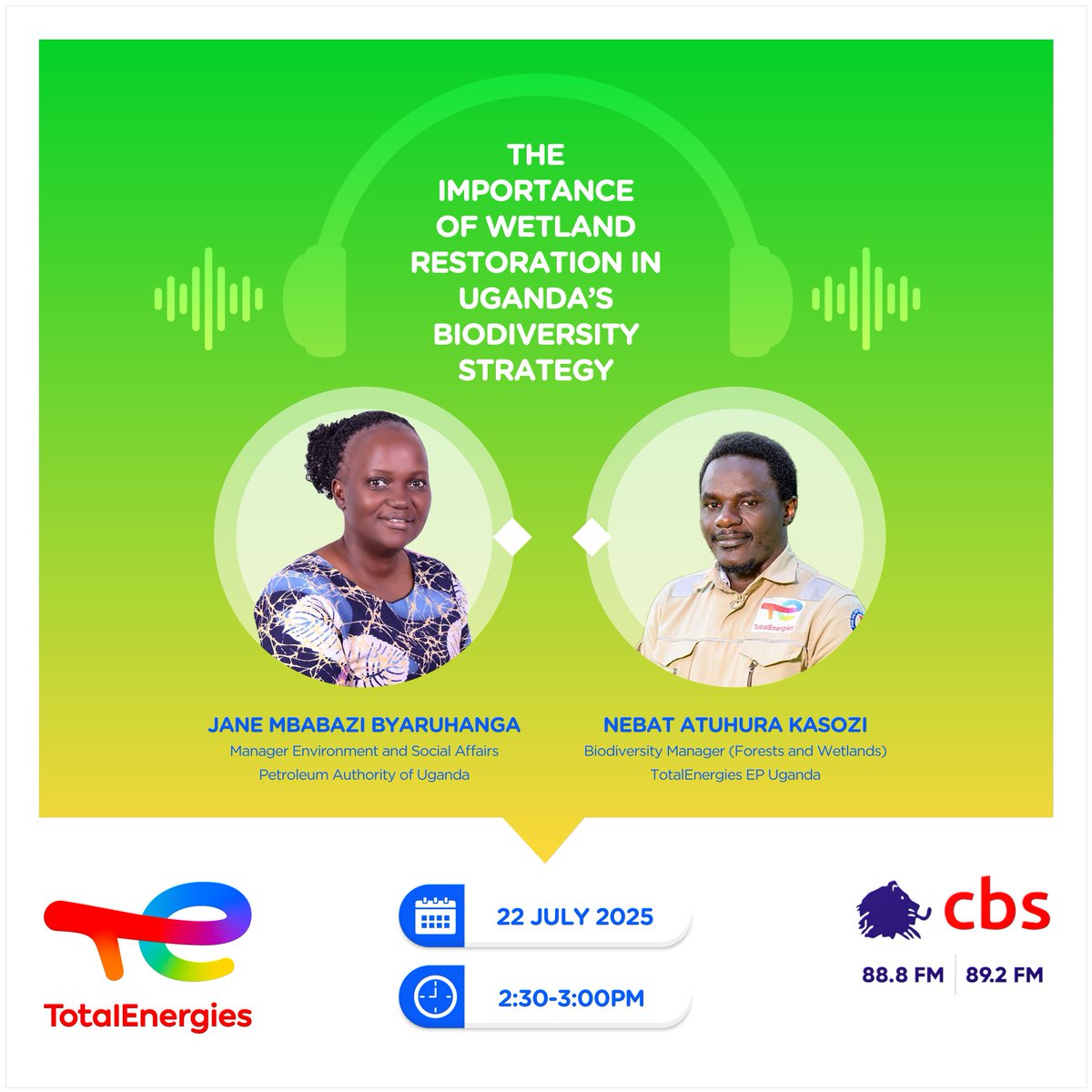 PAU_Uganda's tweet image. 📢 On Air at 2:30 PM!
Join Jane Mbabazi Byaruhanga, Manager Environement and Social Affairs, @PAU_Uganda and Nebat Atuhura Kasozi, @TotalEnergiesUG EP Uganda on @cbsfm_ug as they discuss: