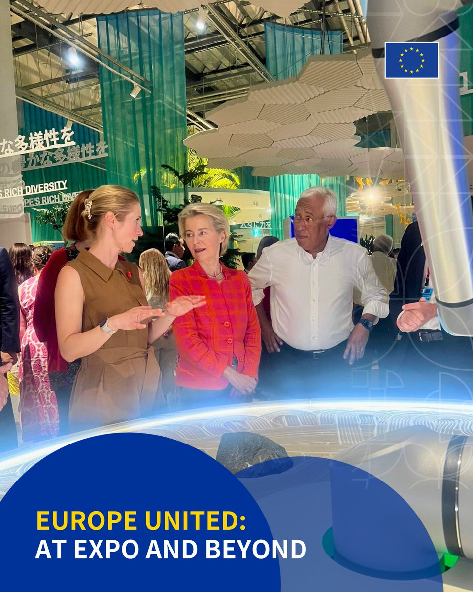 euatexpo's tweet image. A strong day for Europe 🇪🇺 at Expo
President Ursula @vonderleyen, @eucopresident António Costa, and HR/VP @kajakallas visited the EU Pavilion and stood in solidarity at the Ukrainian Pavilion 🇺🇦
#EUatExpo #StandWithUkraine