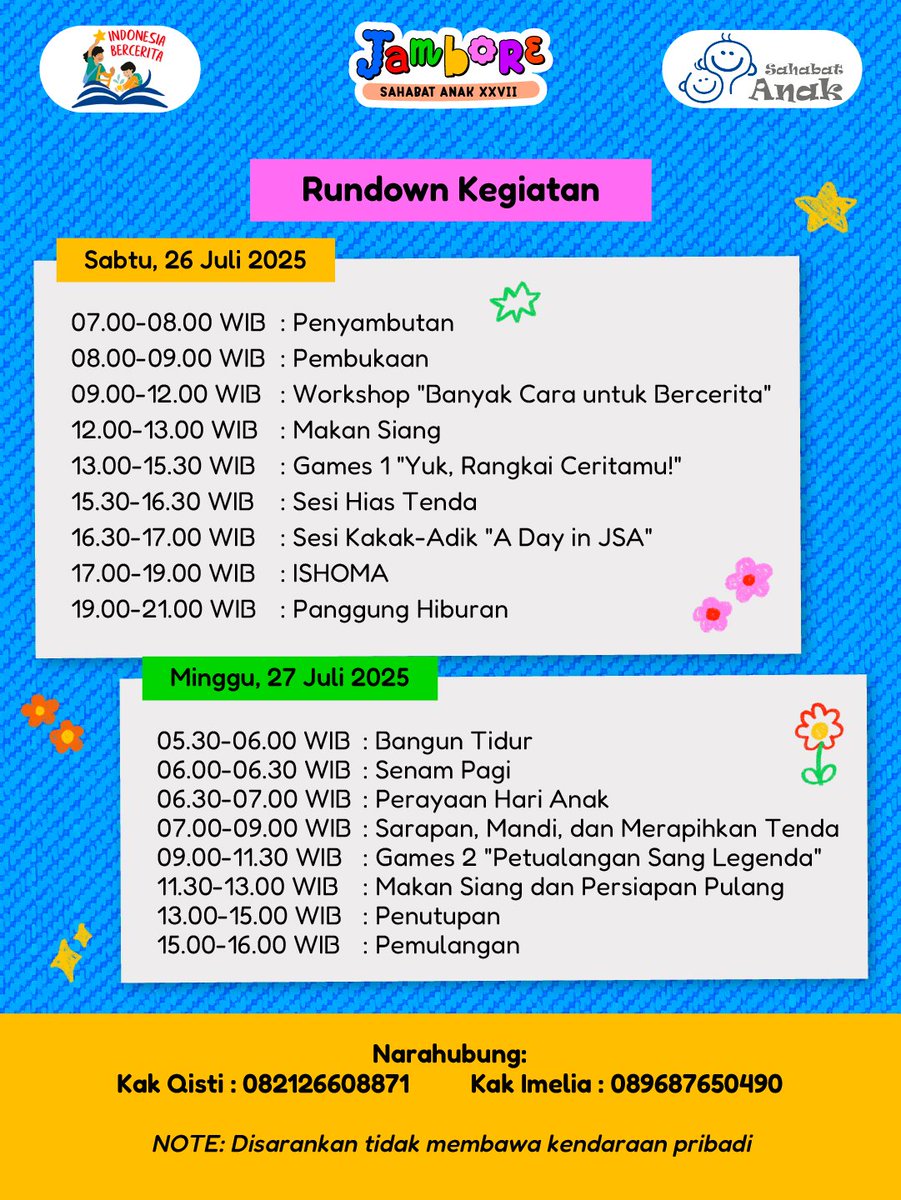 sahabatanak's tweet photo. [UNDANGAN]
Halo kakak-kakak 🫶🏻
Tidak terasa sudah H-6 menuju Jambore Sahabat Anak XXVII! MinSA mengundang kakak-kakak untuk datang minggu depan, catat tanggal dan lokasinya ya:

📅 26–27 Juli 2025
📍 Buperta Ragunan
🕒 Datang bebas jam berapa aja. 

Sampai jumpa 🥰

#SahabatAnak https://t.co/IathmnQhCX