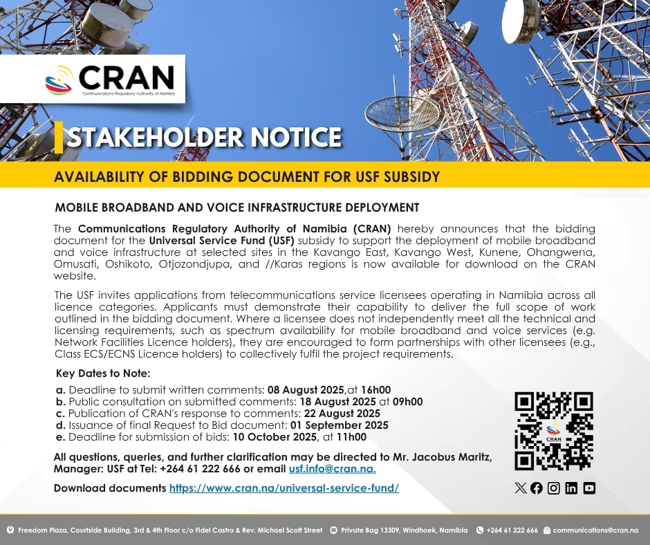 📢 USF subsidy bidding documents now available! 

CRAN invites telecommunications licensees to support mobile broadband &amp; voice infrastructure deployment across 8 regions.

Key Dates:
• Comments period: Until 08 August 2025
• Public consultation: 18 August 2025
• Final