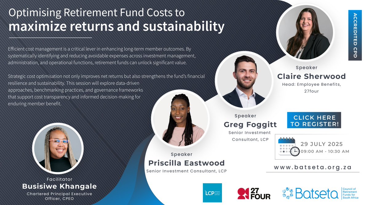 Reminder: Join us for an in-depth session on how to maximize investment returns and long-term sustainability by managing retirement fund costs more effectively.

Upcoming Webinar:
Date: 29th July | Time: 09:00 AM | Where: ZOOM

Register now: us02web.zoom.us/webinar/regist…
6d
