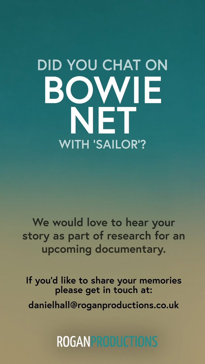 Rogan Productions (@roganproduction) on Twitter photo Did you see #DavidBowie at Glastonbury? Did he change your life? Your story matters. Rogan Productions is making a documentary about the legendary David Bowie, and weāre looking for people to take part.
If you have a story to share email: danielhall@roganproductions.co.uk Did you see #DavidBowie at Glastonbury? Did he change your life? Your story matters. Rogan Productions is making a documentary about the legendary David Bowie, and weāre looking for people to take part.
If you have a story to share email: danielhall@roganproductions.co.uk