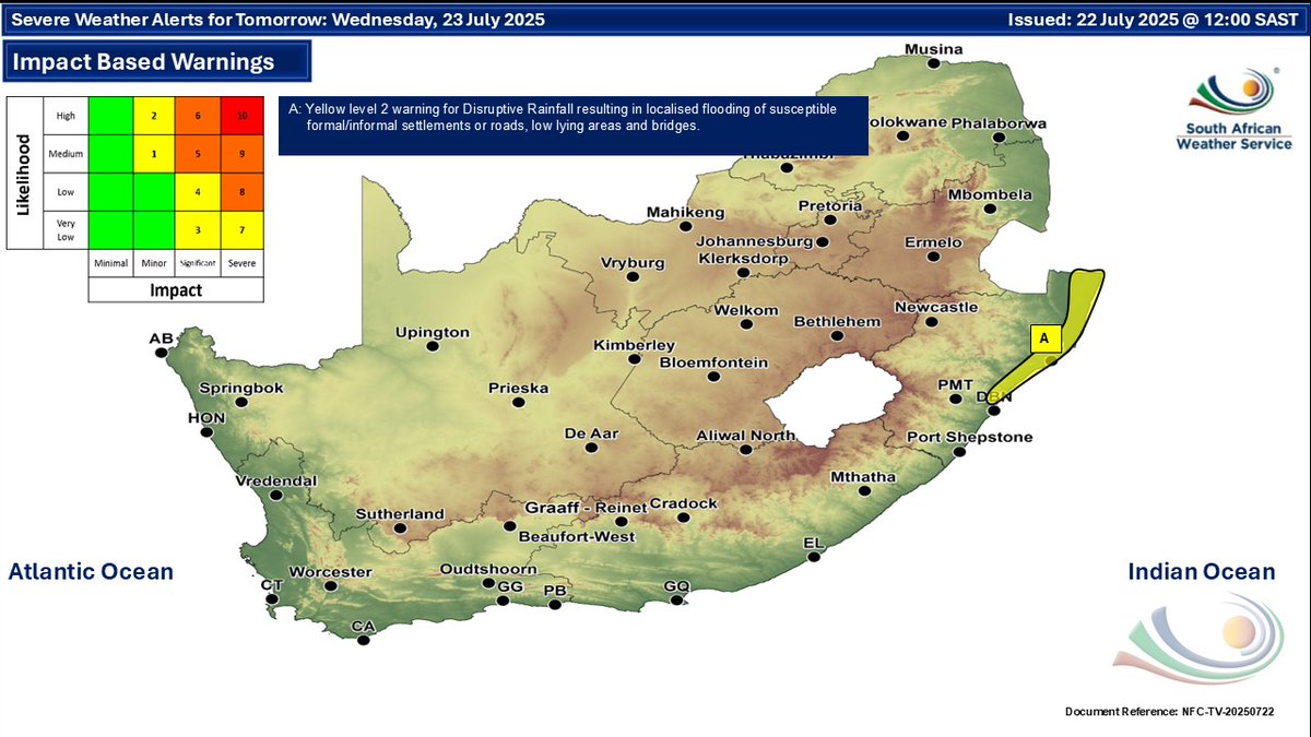 Severe weather alerts update: Today &amp; Tomorrow, 22 - 23 July 2025.
Disruptive rainfall is possible along the east coast of KwaZulu-Natal, which may result in localised floods. Severe thunderstorms are possible over the north-eastern parts of the Eastern Cape for today, 22 July.