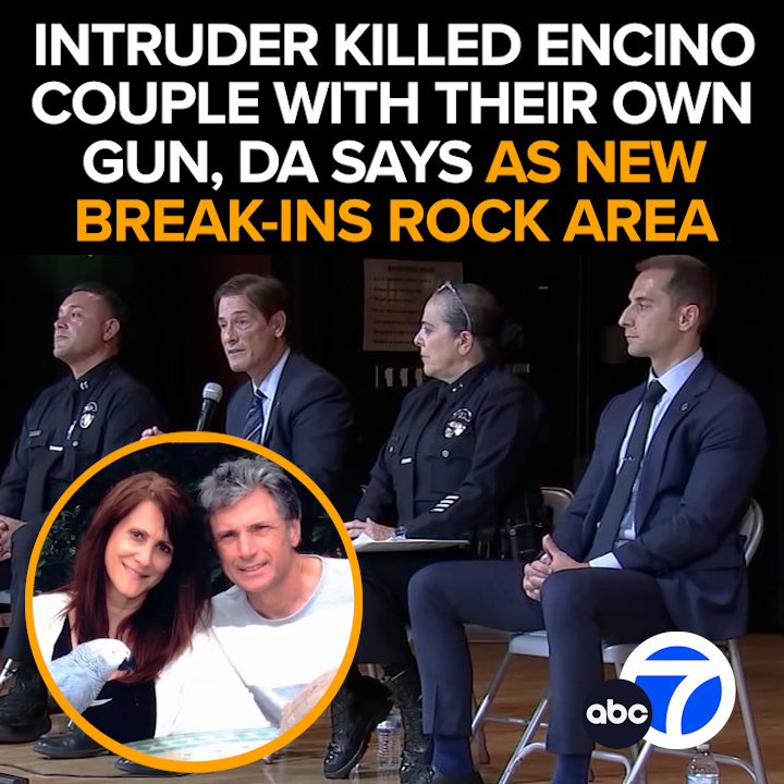 ABC7's tweet image. Angry Encino residents demand answers at a town hall meeting after the murders of an "American Idol" exec and her husband. DA Nathan Hochman reveals the suspect used the couple's gun in the killing. The new break-ins overnight - This morning at 6 from ABC7 abc7.com/17237130