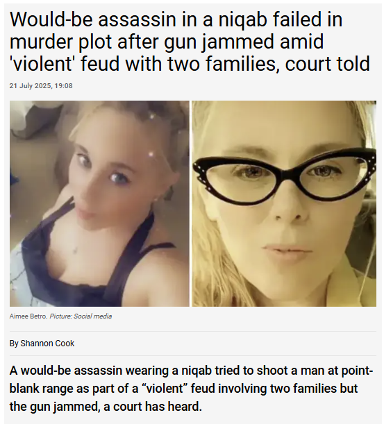 TRobinsonNewEra's tweet image. NIQAB ASSASSIN FROM THE USA
Aimee Betro is a hired assassin from Wisconsin in the USA. She played her part in a plot orchestrated by co-conspirators Mohammed Aslam, 59, and Mohammed Nabil Nazir, 31, to attack a rival family on September 7 2019.
Father and son Aslam and Nazir,…