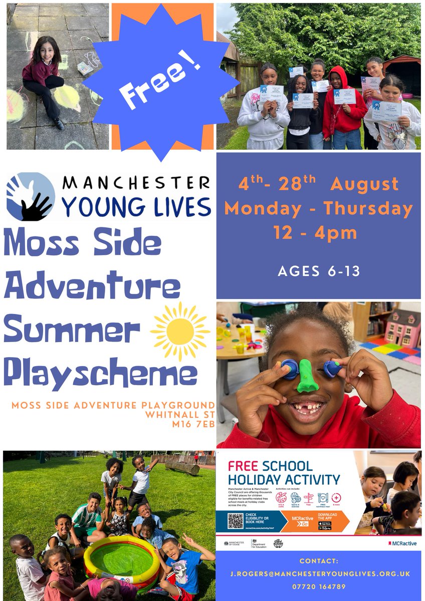 Manchester Young Lives (@myl_info) on Twitter photo Our summer playscheme is back! 🌞
All children must be signed up through <a href="/MCRActive/">Manchester Active</a> before attending.
<a href="/ManCityCouncil/">Manchester City Council</a>
#HAF25 #summerholidays #playmatters #mossside #ardwick #wythenshawe Our summer playscheme is back! 🌞
All children must be signed up through <a href="/MCRActive/">Manchester Active</a> before attending.
<a href="/ManCityCouncil/">Manchester City Council</a>
#HAF25 #summerholidays #playmatters #mossside #ardwick #wythenshawe