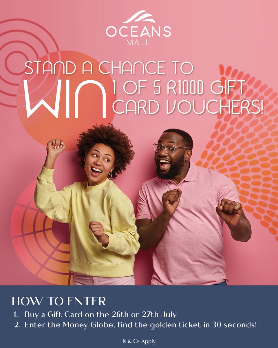 OceansMallSA's tweet image. We’re giving away 5 x R1000 Oceans Mall Gift Cards! 💳
🛍️ Here’s how to enter:
✨ Buy a gift card at Oceans Mall on 26 or 27 July
✨ Step into our Oceans Money Globe!
✨ You’ve got 30 seconds to find the Golden Ticket & WIN
T&Cs apply
#OceansMall #CashDash #Win #WinBig #Shop