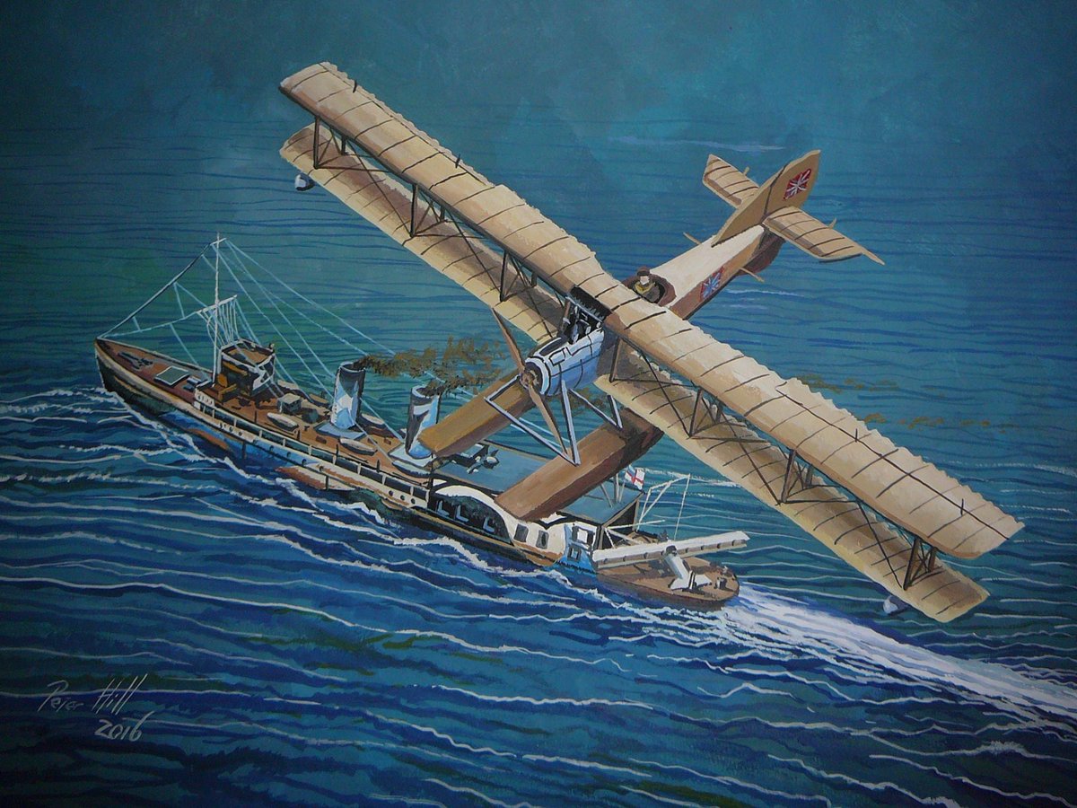 petehill854's tweet image. Painting l did in 2016.
Short Type 81, one of 7 RNAS seaplanes launched from 3 ships to participate in the Cuxhaven Raid on 25 Dec 1914, the last of 4 British air raids on Zeppelin Sheds that year, history’s first strategic bombing campaign.
Acrylic on paper 42 x 29cm