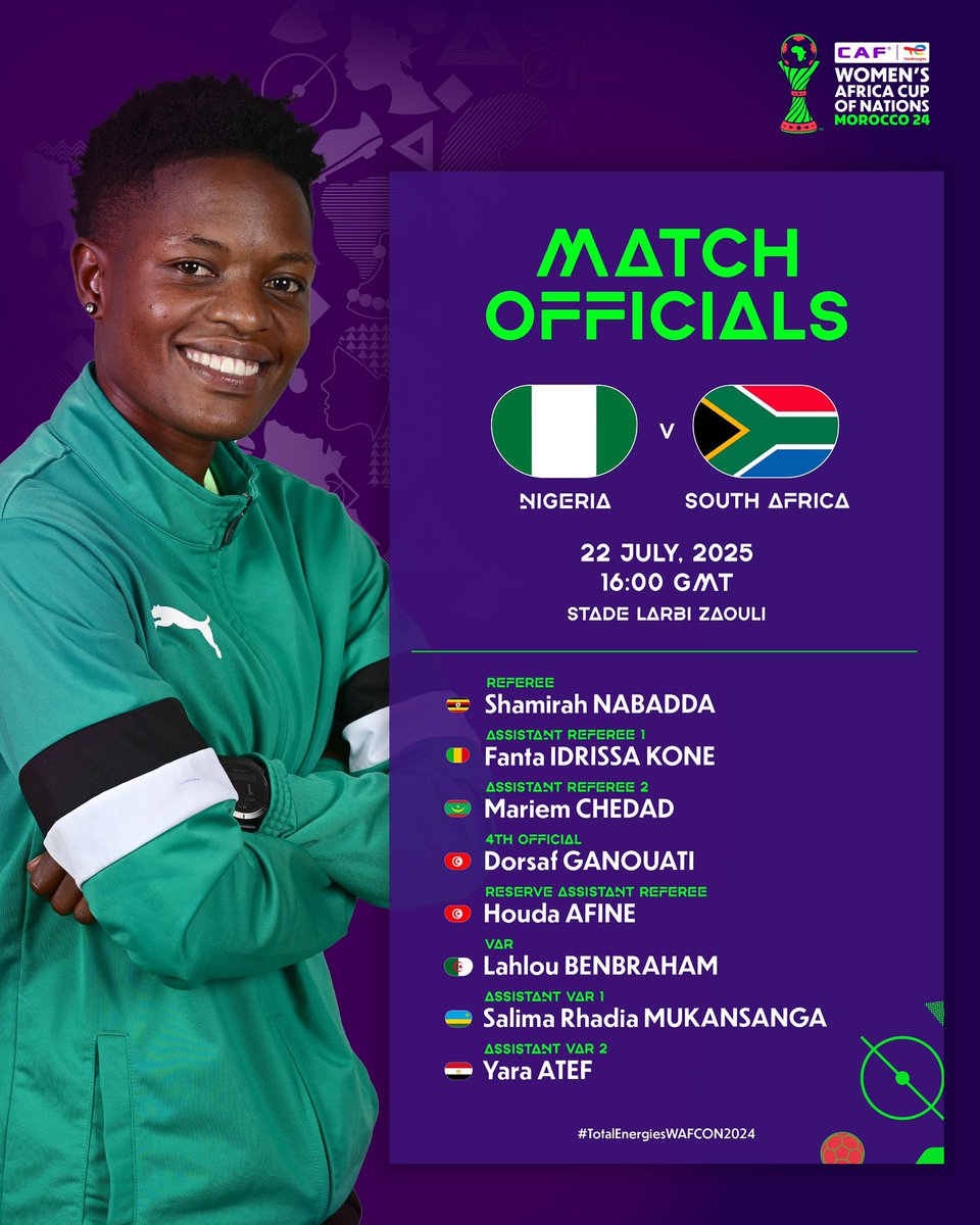 CAF_Media's tweet image. Your Match officials for today. 👇(22 July)
🏟️⚽️ 🇳🇬 Nigeria v South Africa 🇿🇦
🏟️⚽️ 🇲🇦 Morocco v Ghana 🇬🇭
#TotalEnergiesWAFCON2024