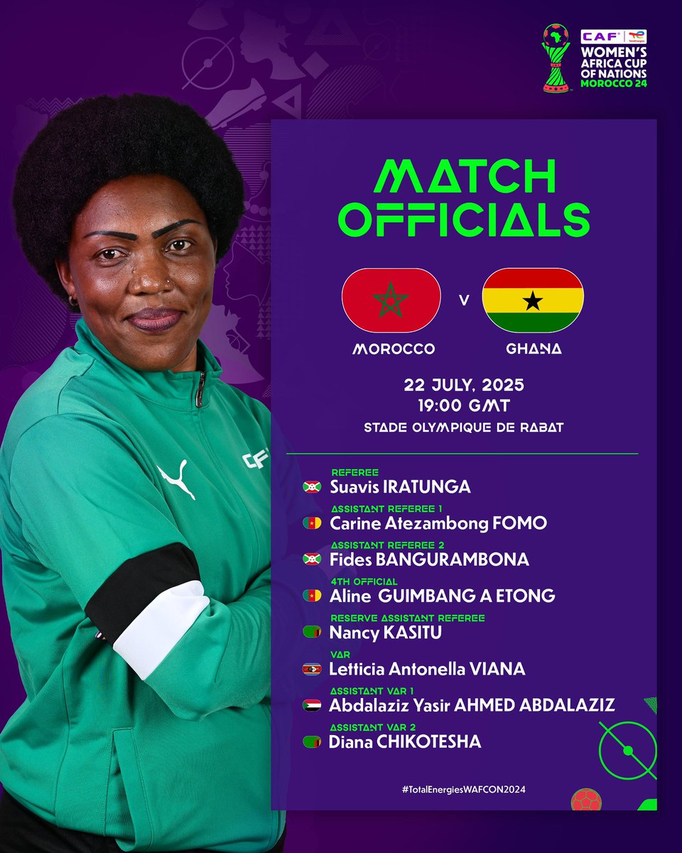 CAF_Media's tweet image. Your Match officials for today. 👇(22 July)
🏟️⚽️ 🇳🇬 Nigeria v South Africa 🇿🇦
🏟️⚽️ 🇲🇦 Morocco v Ghana 🇬🇭
#TotalEnergiesWAFCON2024