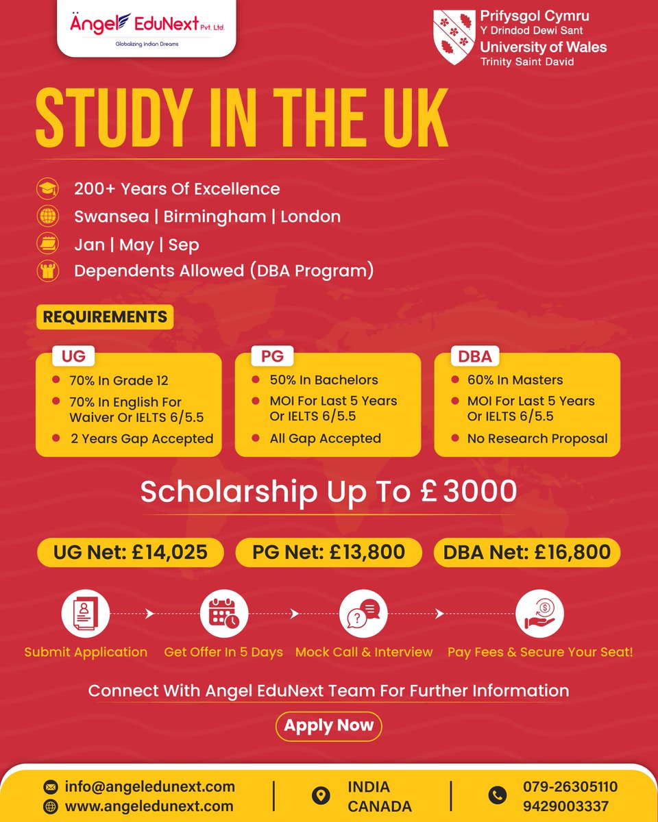 AngelEdunext's tweet photo. Study in the UK at the University of Wales Trinity Saint David with Angel EduNext! 🇬🇧🎓

Apply now &amp; get your offer in just 5 days! 📩

👉 Connect with us: https://t.co/dwVdY3ldEd
📲 Call us: 079-26305110 | 94290 03337
#AngelEduNext #PartheshThakkar #StudyInUK #UKAdmissions2025 https://t.co/Zbaxmtcyjt