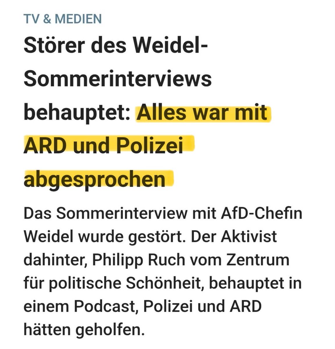 +++EIL+++

Die Bombe ist geplatzt!

Philipp Ruch, Chef vom Antifa-Kollektiv "Zentrum für politische Schönheit" gibt zu, dass die Störaktion gegen Alice Weidel mit der ARD und Polizei abgesprochen war.