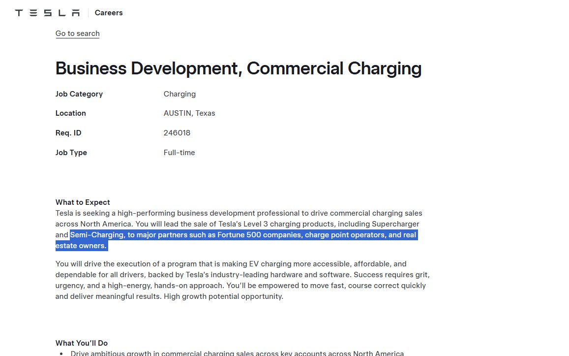 TheEVuniverse's tweet image. I think I just found out Tesla is about to start offering Semi-Charging for third party heavy-duty fleets,
per their new job posting: