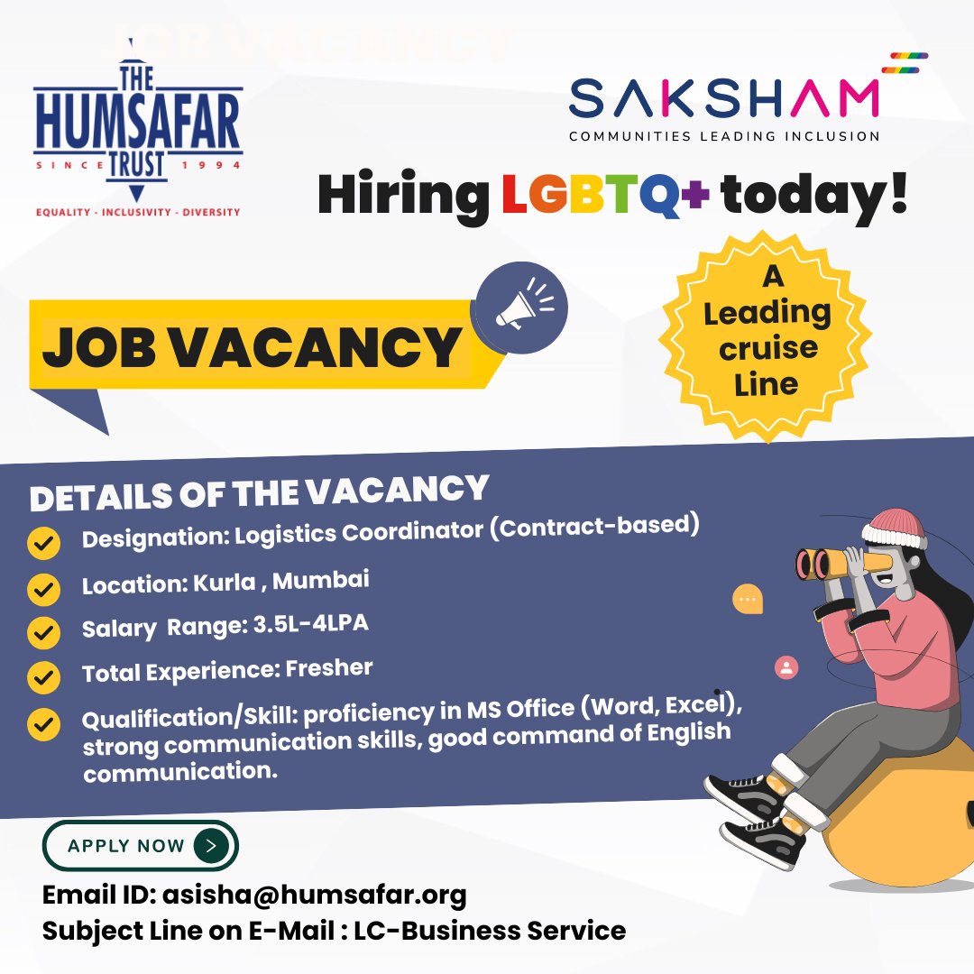The Humsafar Trust (@humsafartrust) on Twitter photo Hiring LGBTQ+ freshers in Mumbai
Role: Logistics Coordinator (Contract)
Location: Kurla | CTC: ₹3.5–₹4 LPA
MS Office & English required
Apply: asisha@humsafar.org | Subject: LC-Business Service
#LGBTQJobs #MumbaiJobs #DEI #InclusiveWorkplace #HumsafarTrust Hiring LGBTQ+ freshers in Mumbai
Role: Logistics Coordinator (Contract)
Location: Kurla | CTC: ₹3.5–₹4 LPA
MS Office & English required
Apply: asisha@humsafar.org | Subject: LC-Business Service
#LGBTQJobs #MumbaiJobs #DEI #InclusiveWorkplace #HumsafarTrust