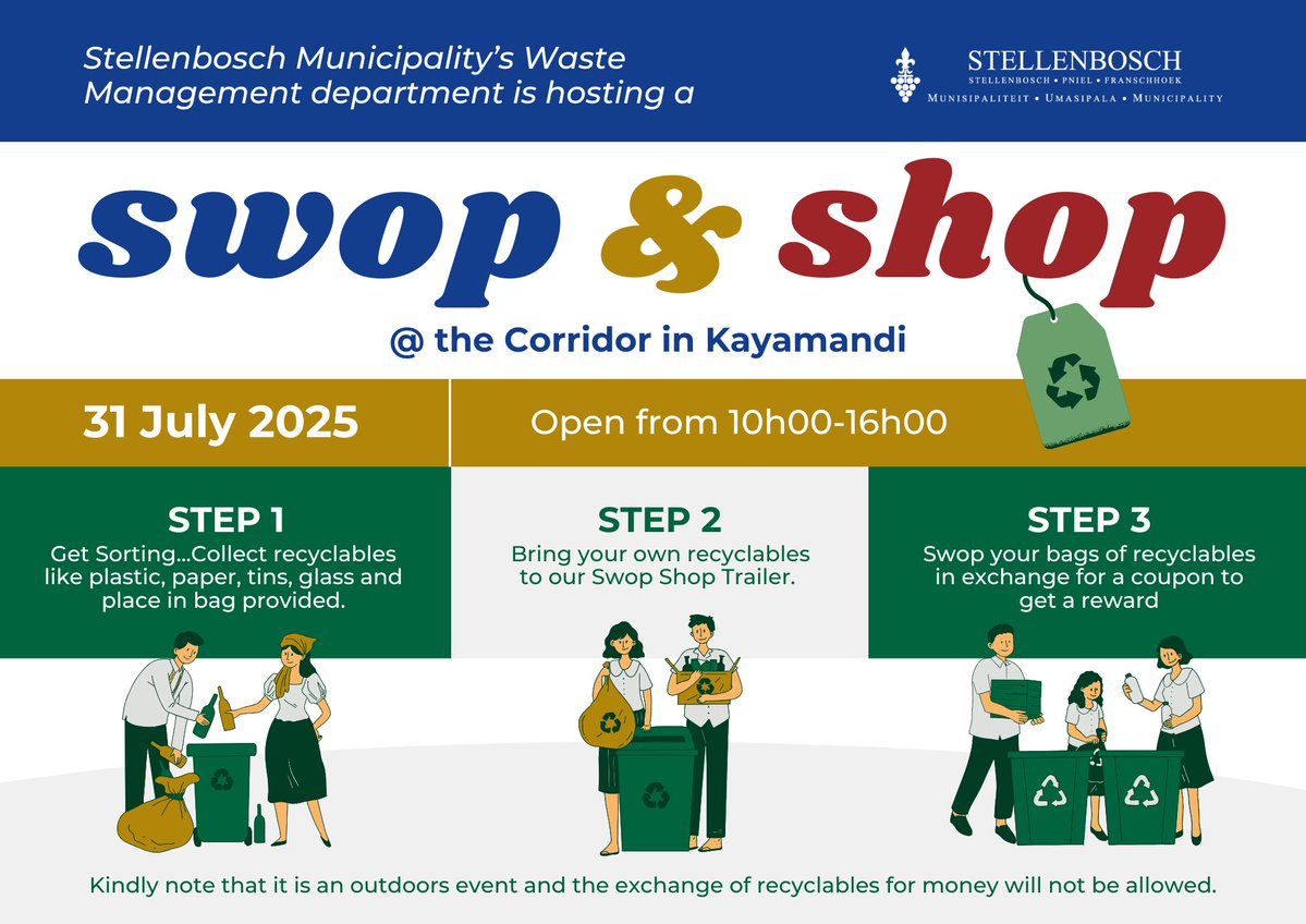 StellMun's tweet image. We're heading to Kayamandi Corridor for another exciting Swop Shop day!
🗓️ Thursday, 31 July 2025
📍 Kayamandi Corridor
🕥 10:00 - 16:00
Bring your sorted recyclable items in bags and receive coupons to shop for household items, snacks and treats at our pop-up store!