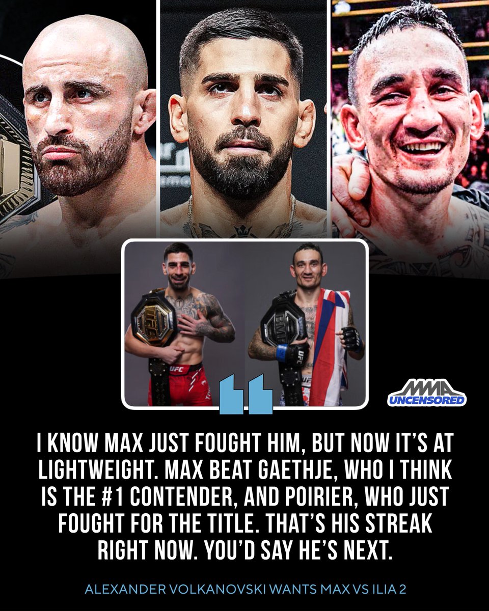 MMAUNCENSORED1's tweet image. UFC Featherweight Champion Alexander Volkanovski wants to see Ilia Topuria vs Max Holloway 2 next 🏆
“I know Max just fought him, but now it’s at lightweight. Max beat Gaethje, who I think is the #1 contender, and Poirier, who just fought for the title. That’s his streak right…