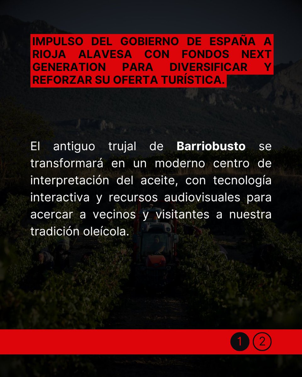 🌿 #RiojaAlavesa contará con una Ruta del Aceite de Oliva gracias a los fondos Next Generation del Gobierno de España.

El trujal de #Barriobusto será un centro de interpretación que une tradición, innovación y desarrollo rural.

💪 Por una comarca viva, sostenible y con futuro.