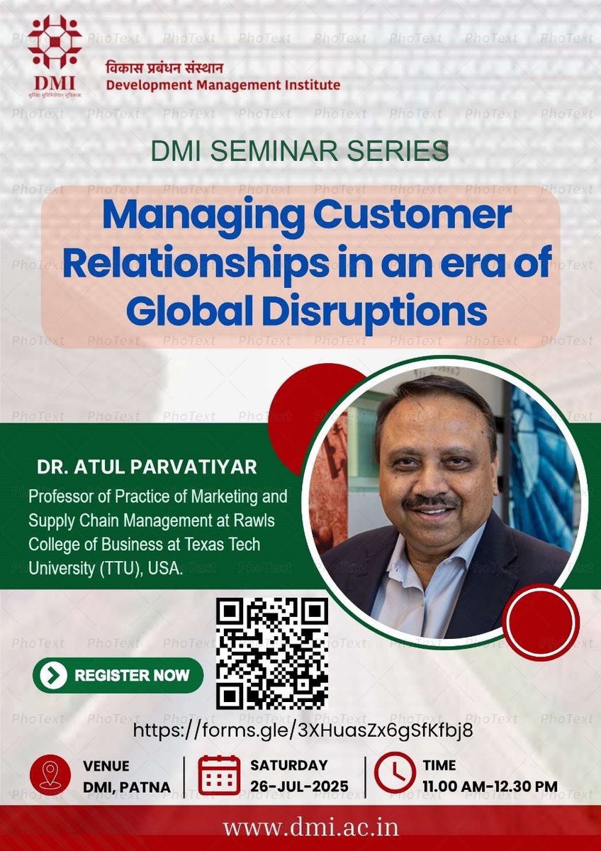 Navigating customer relationships in a disrupted world! 📷 
Join Dr. Atul Parvatiyar, Professor <a href="/TexasTech/">Texas Tech University</a>, on July 26 (11 AM) at Meeting Minds, DMI! Get insights on CRM &amp; resilience.
 #CustomerSuccess #GlobalDisruption #Marketing
