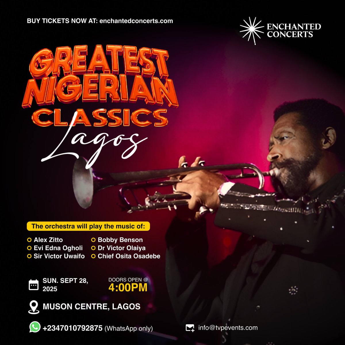 funmioyatogun's tweet image. LAGOS! I’m so excited to share with you the GREATEST NIGERIAN CLASSICS show on September 28th! Celebrate Nigeria’s 65th anniversary with a jazz orchestra and storytelling performance of the greatest Nigerian classics including works from Victor Olaiya, Victor Uwaifo, Osita…