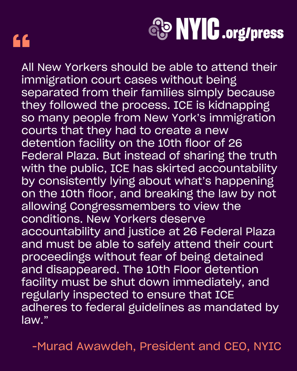 thenyic's tweet image. 🚨 STATEMENT: New Vid Shows Inhumane Conditions Inside ICE Detention Center at 26 Federal Plaza, ICE Breaking Oversight Law
"Instead of sharing the truth with the public, ICE has skirted accountability by consistently lying about what’s happening on the 10th floor" @heyitsmurad