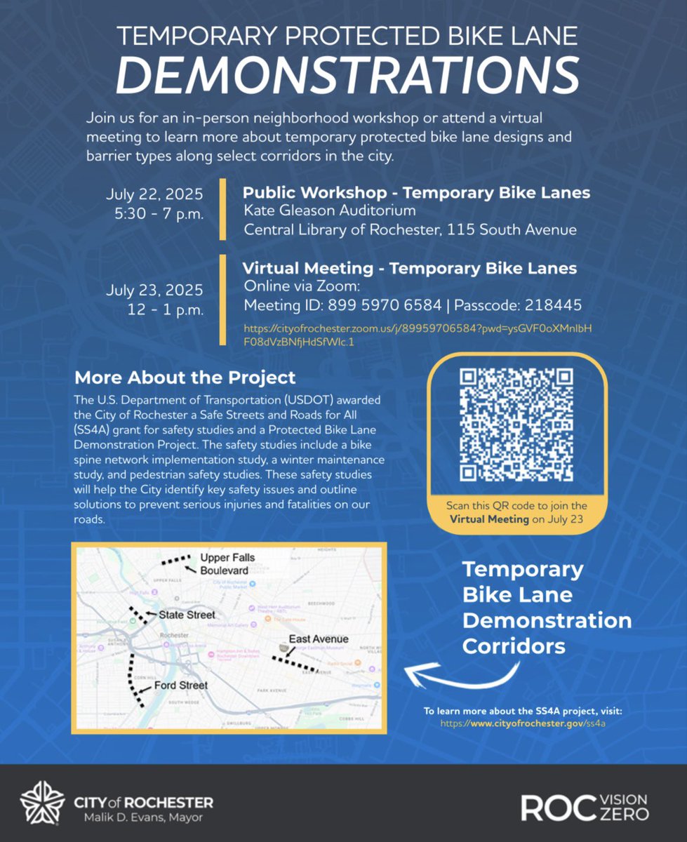 ROCcycling's tweet image. If you can’t make today’s meeting at 5:30pm on the demo protected bike lanes, tune in to tomorrow’s virtual meeting at noon. cityofrochester.gov/departments/de… #ROC #RochesterNY