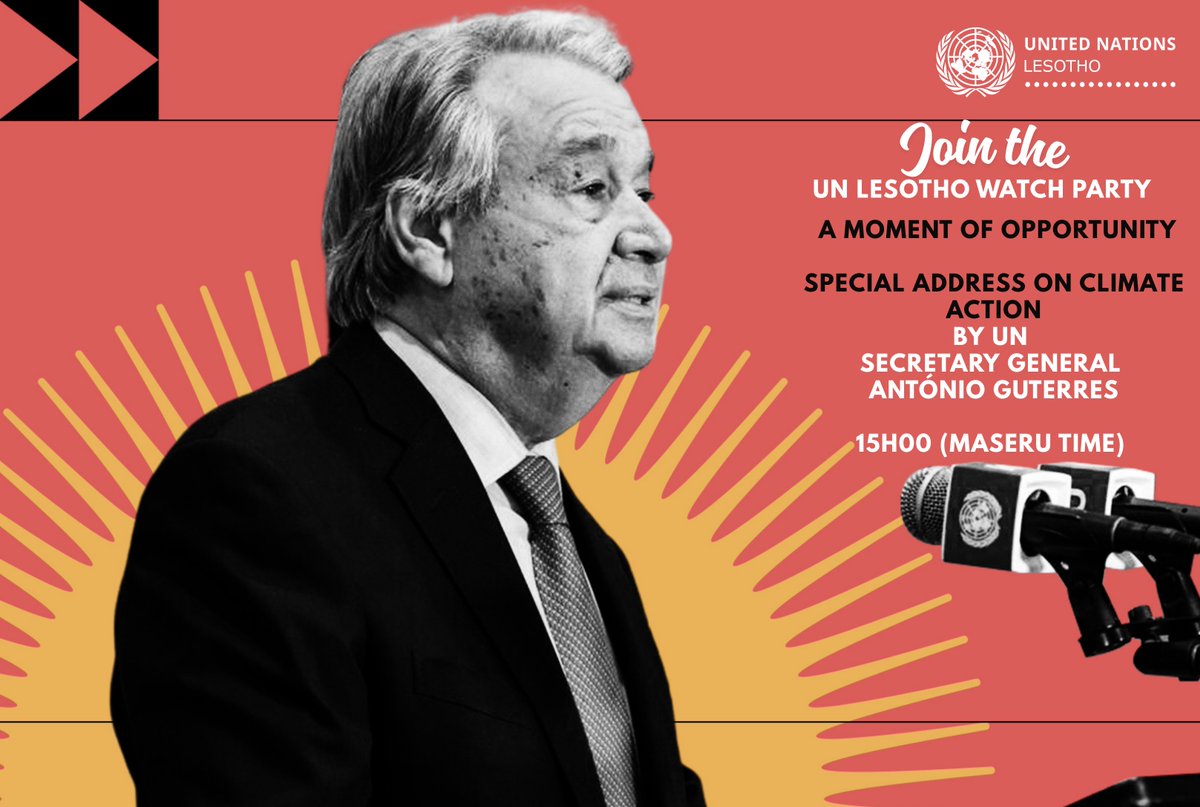 UNLesotho's tweet image. ⏰ Put your alarms on! 

In just a few hours, at 15H00 Lesotho time @UN  Secretary-General @antonioguterres will deliver a landmark speech on climate action. 🌍🔥

📺 Watch it live with the @UNLesotho family: 
➡️youtube.com/live/4yYpxMiMH…