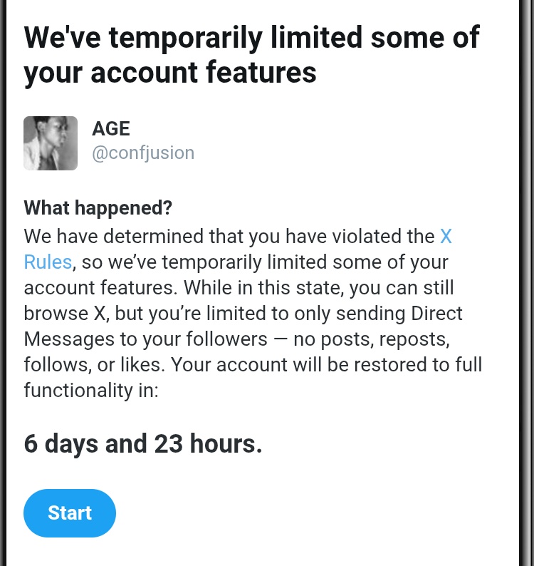 confjusion02's tweet photo. This is too bhad, the X AI is not programmed in the least humanly way. Makes us question our sanity despite observing implicity 

My main account @confjusion has been r£str!cted again. Please camp with me here https://t.co/NFpSXel8cg
