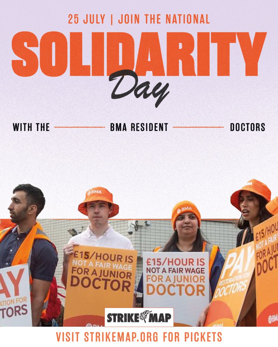 strike_map's tweet image. 👩⚕️Join the National Solidarity Day with the @BMAResidents.
25 July | 7am
🪧Join your nearest picket: strikemap.org/organisation/b…
📹Leave a solidarity message: bit.ly/solidaritydoct…
#StrikeMap #ResidentDoctorsStrike #NHS
@Melissa_S_Ryan