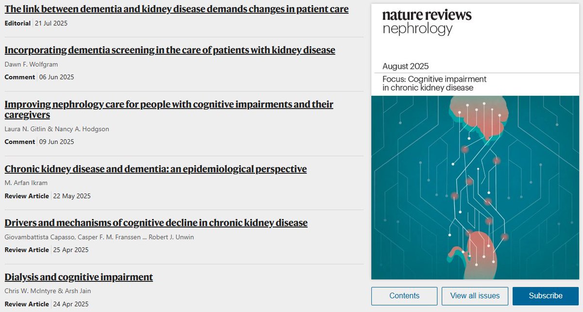 NatRevNeph's tweet image. In our August issue: a Focus on cognitive impairment in CKD, covering epidemiological links, mechanisms, the effects of dialysis, and implications for screening and care. Plus a Perspectives on considerations of kidney function in sepsis criteria go.nature.com/3Un4Usr