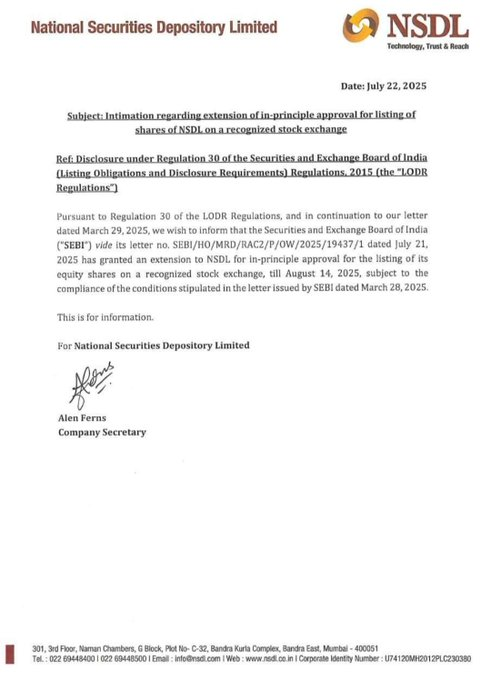 suryaisec's tweet photo. #SEBI extends in-principle approval for #NSDL share listing till Aug 14, 2025.

#Unlistedshares #stockmarketupdates #StockMarketIndia #PreIpo #SEBI #Nifty #Banknifty #Polymatech #Breakout #investing $XRP #CDSL #SME https://t.co/J6HCQkuuG5