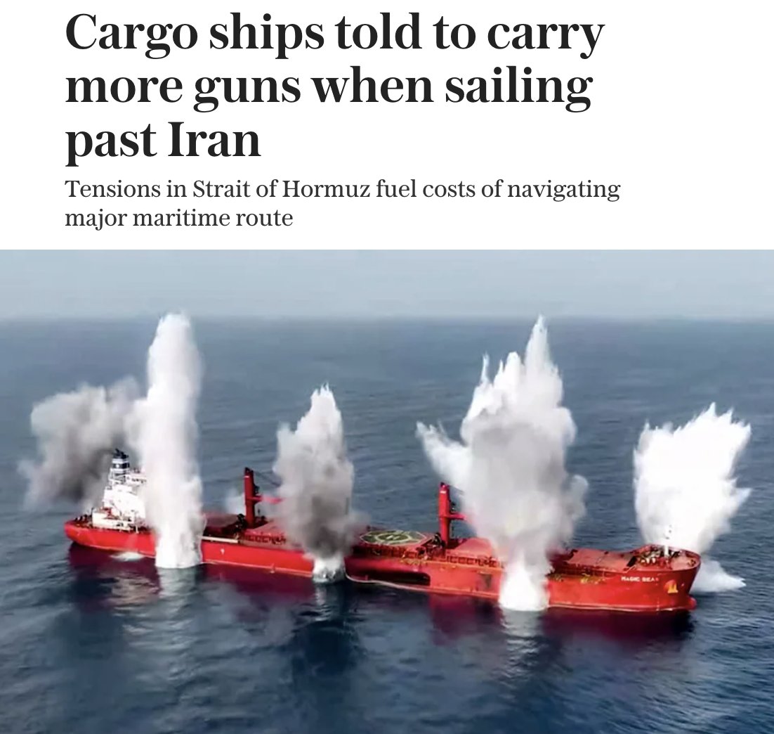 US_ShipOfState's tweet image. Oil tankers sailing past Iran have been told by London insurers to carry more guns and ammunition and employ more security staff.
Ships moving through the Strait of Hormuz are facing far higher insurance costs to cover the risk of navigating the waterway amid simmering tensions…