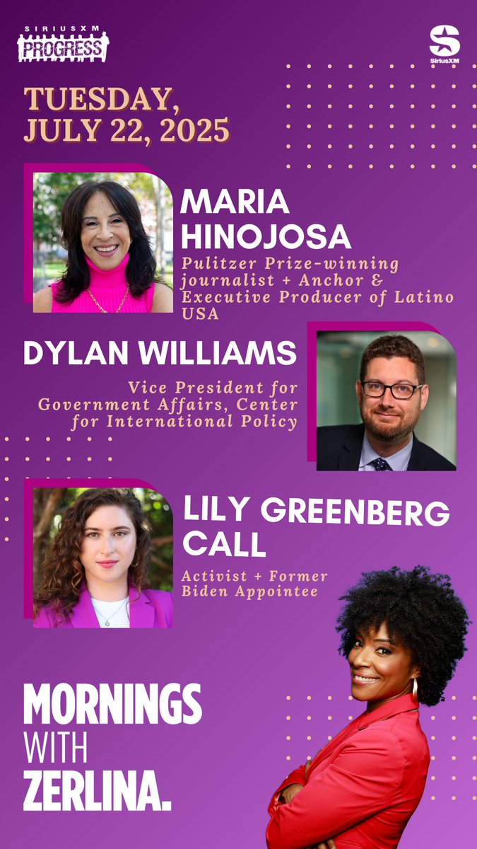 ZerlinaMornings's tweet image. Tuesday tidings! Joining Zerlina: @LatinoUSA Anchor & Executive Producer @Maria_Hinojosa, @CIPolicy VP for Government Affairs @dylanotes + Activist & Former Biden Appointee @LGreenbergCall!
☎️ 866-997-4748
📻 @SiriusXMProg Ch. 127
siriusxm.us/Zerlina