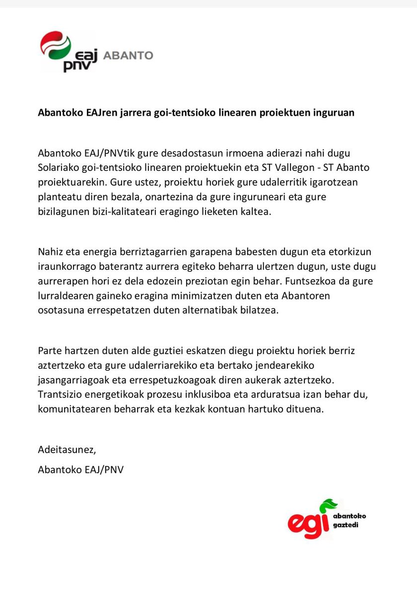 eajpnvabanto's tweet image. 🔴🟢⚪🔴🟢⚪🔴🟢⚪🔴🟢⚪

Posicionamiento de @eajpnv en torno a los proyectos de alta tensión.

Desde EAJ /PNV queremos mostrar nuestro más firme DESACUERDO con los proyectos 
ST Vallegón - ST Abanto y Solaria

🔴🟢⚪🔴🟢⚪🔴🟢⚪🔴🟢⚪