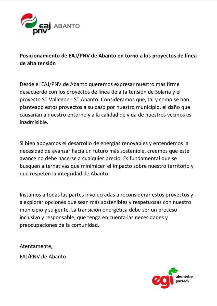eajpnvabanto's tweet image. 🔴🟢⚪🔴🟢⚪🔴🟢⚪🔴🟢⚪

Posicionamiento de @eajpnv en torno a los proyectos de alta tensión.

Desde EAJ /PNV queremos mostrar nuestro más firme DESACUERDO con los proyectos 
ST Vallegón - ST Abanto y Solaria

🔴🟢⚪🔴🟢⚪🔴🟢⚪🔴🟢⚪