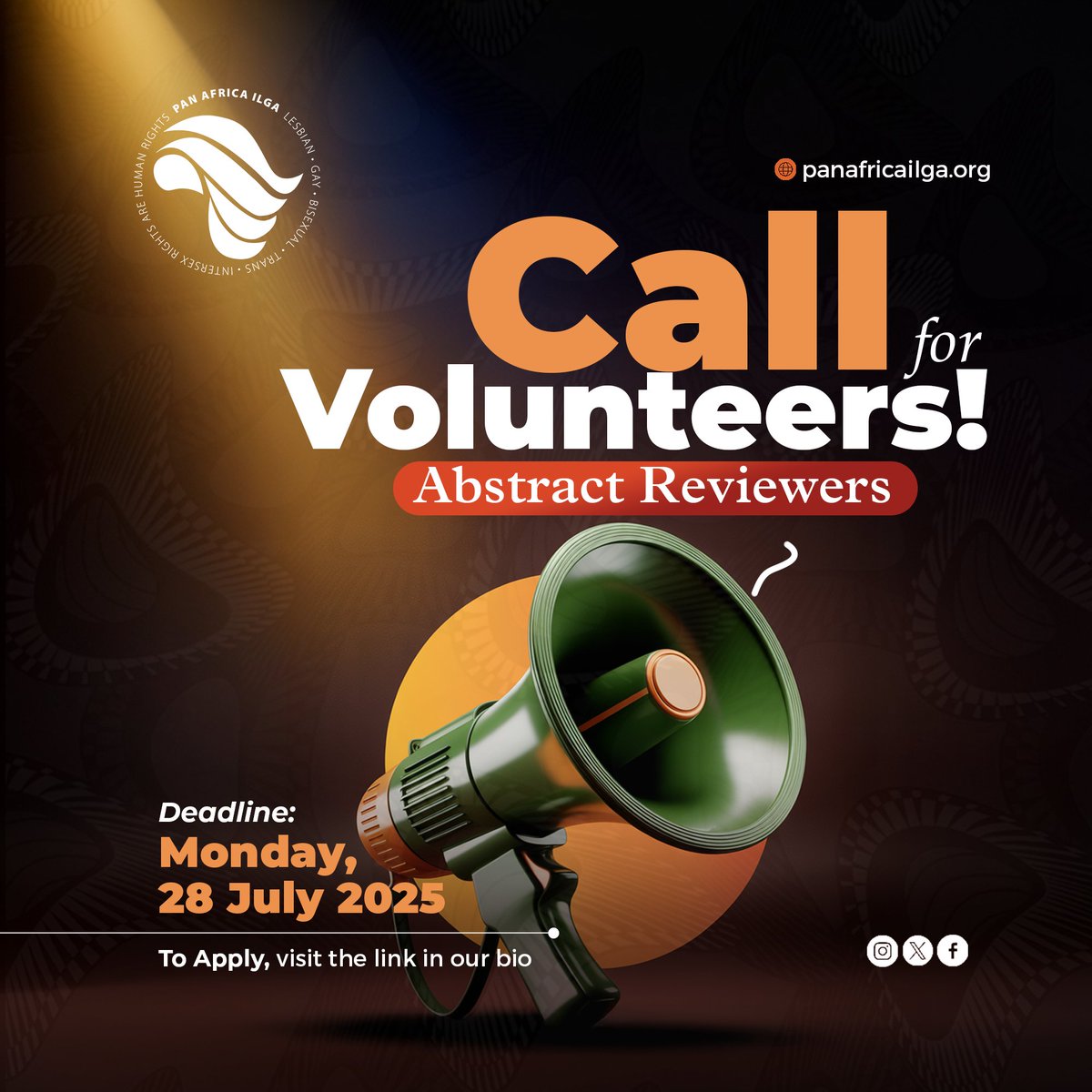 PanAfricaILGA's tweet photo. 7th Pan Africa ILGA Conference | Unbreakable: Our Pride, Our Power, Our Future.

We’re calling on LGBTIQ+ activists, advocates, and researchers across Africa to help shape this year’s programme as volunteer abstract reviewers. Join us in spotlighting powerful voices and bold ideas for a freer, more inclusive queer Africa.

Apply by 28 July 2025.

Link: https://t.co/Wqao8GN1hz