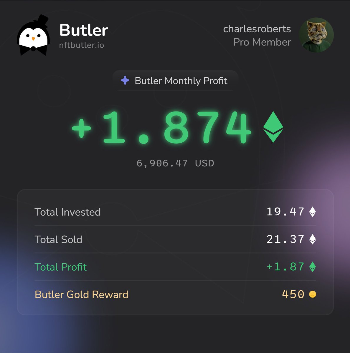 1.874 Ξ in profit made in the last 22 days using <a href="/nftbutler/">NFT Butler</a> 💰📈

Sharing on X to grab my extra 450 Butler Gold 🟠
Bidding’s a breeze with NFT Butler in my arsenal!  🐧

#NFT #NFTCommunity #NFTButler

nftbutler.io