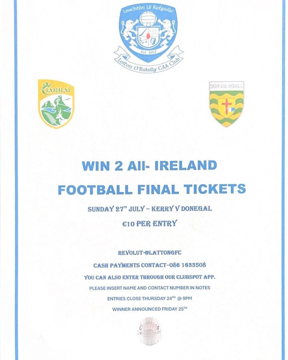 Latton O'Rahilly GAA (@lattongaa) on Twitter photo ✴️✴️✴️ All Ireland Football Final Tickets ✴️✴️✴️
Don't forget to get your entries in for our All Ireland Football Final Draw 🇮🇪 - payments accepted through our Club and ClubSpot App on the link below - good luck everyone 🤞 🌟 
member.clubspot.app/club/latton-o-… ✴️✴️✴️ All Ireland Football Final Tickets ✴️✴️✴️
Don't forget to get your entries in for our All Ireland Football Final Draw 🇮🇪 - payments accepted through our Club and ClubSpot App on the link below - good luck everyone 🤞 🌟 
member.clubspot.app/club/latton-o-…