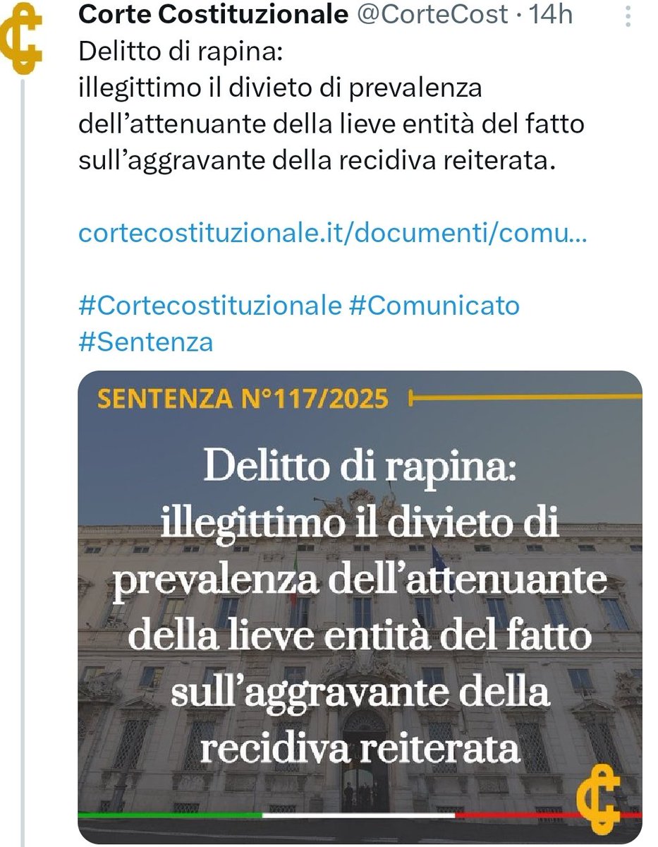 sconnesso_'s tweet image. Per la Corte Costituzionale è illegittimo il divieto di prevalenza.
𝗧𝗿𝗮𝗱𝗼𝘁𝘁𝗼 :
Se uno ruba e lo ha già fatto altre volte gli diamo solo un buffetto.