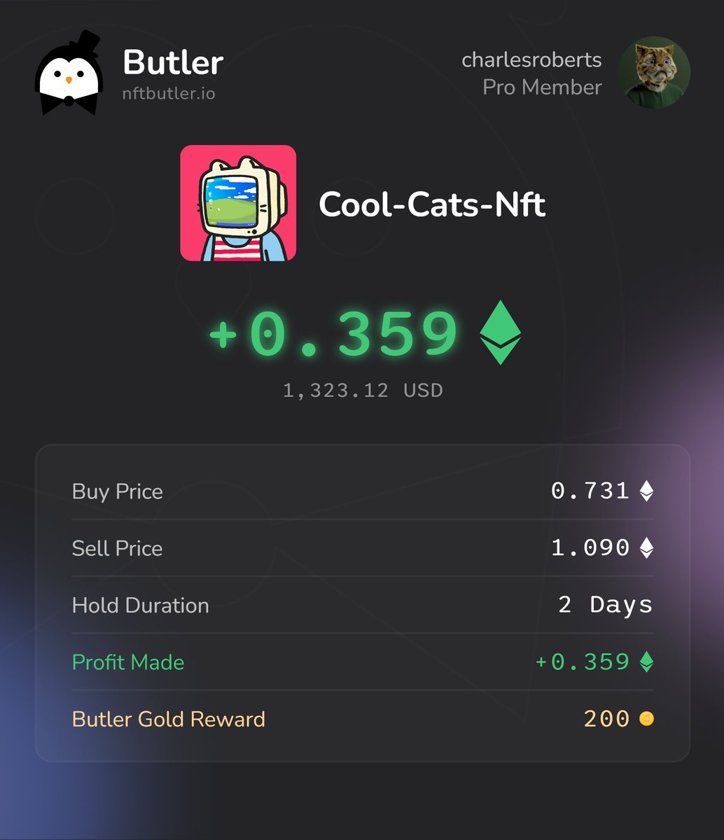 0.359 Ξ profit on a single trade 💰📈

Sharing my best Flip this month to get fat stacks of 200 Butler Gold 🟠
Stacking profits is so much easier with NFT Butler!🐧

#NFT #NFTCommunity #NFTButler

nftbutler.io