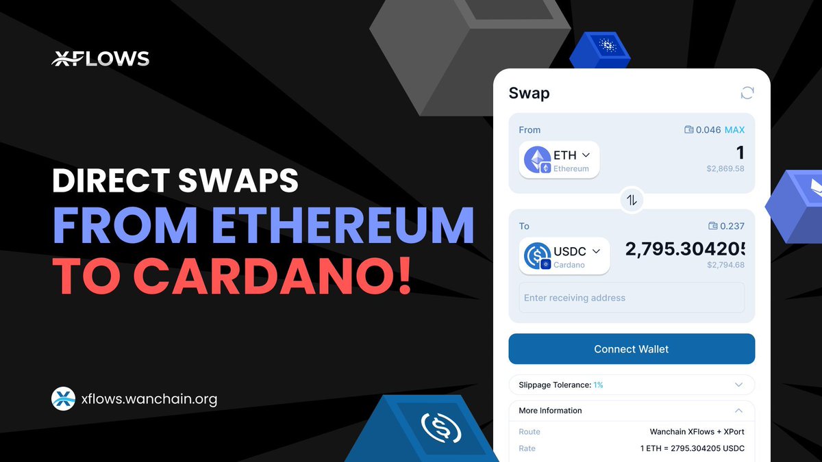 Calling out #Cardano Community!

Did you know you can do this direct swap? 

1 ETH @ Ethereum → USDC @ Cardano 💸

Yes, really.

✅ One click
✅ No CEX
✅ 100% decentralised

⭐️ Give it a try at xflows.wanchain.org