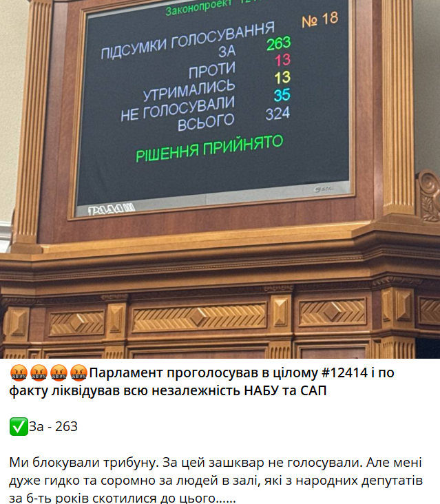 HavryshkoMarta's tweet image. Parliament just passed a law that effectively eliminated the independence of Ukraine’s main anti-corruption bodies—the National Anti-Corruption Bureau (NABU) and the Specialized Anti-Corruption Prosecutor’s Office (SAPO).
They’re now comfortably tucked into Zelensky’s pocket.…