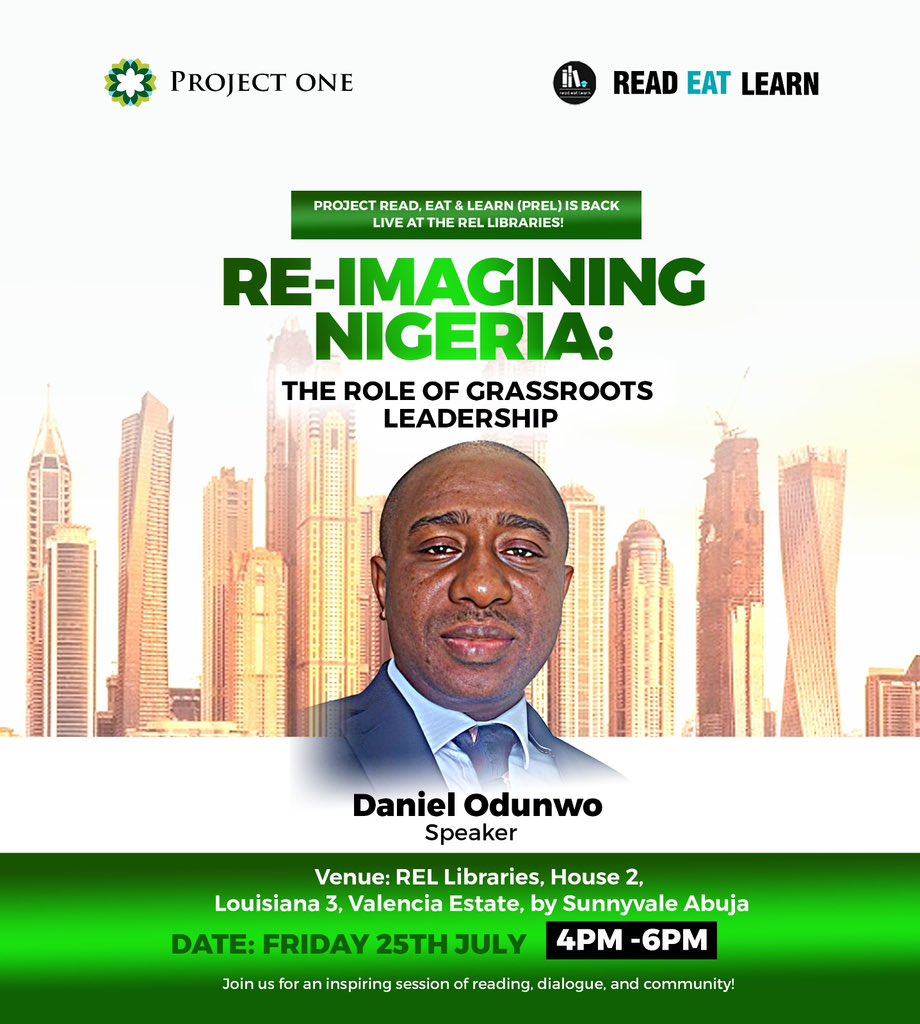 iamonenigerian's tweet photo. REL is back physically and it’s going to be worth your time!
This month, we’re talking about Re-imagining Nigeria: The Role of Grassroots Leadership. Real change starts with you and me. Let’s read, eat, learn, and lead together.
#ReadEatLearn #ProjectOne #IamANigerian https://t.co/8oczlhnpo3