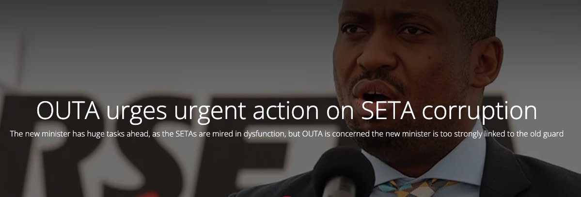 OUTASA's tweet image. MUST READ: The #SETAs are bleeding money - and faith. OUTA has exposed systemic corruption for years.
Now there’s a new minister @ButiManamela and he’s no outsider. Is this a blessing or a curse? Will he be part of the solution?
We’ve asked for an urgent meeting. Time to act.…