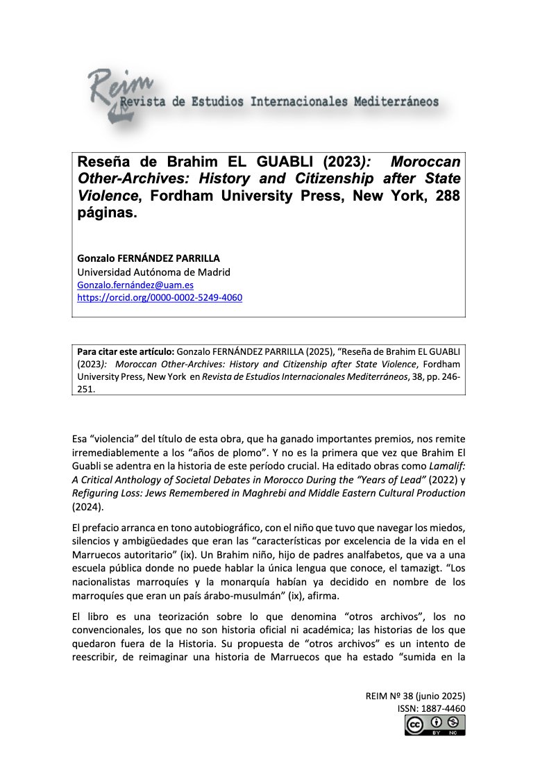 REIMrevista (@reimrevista) on Twitter photo 📒 En el último número de la REIM Gonzalo Fernández (<a href="/diyalna/">Gonzalo Fernández Parrilla</a>) reseña «Moroccan Other-Archives: History and Citizenship after State Violence», obra de Brahim El Guabli (<a href="/OuldSahara/">Brahim El Guabli</a>).
Acceso a la reseña completa: revistas.uam.es/reim/article/v… 📒 En el último número de la REIM Gonzalo Fernández (<a href="/diyalna/">Gonzalo Fernández Parrilla</a>) reseña «Moroccan Other-Archives: History and Citizenship after State Violence», obra de Brahim El Guabli (<a href="/OuldSahara/">Brahim El Guabli</a>).
Acceso a la reseña completa: revistas.uam.es/reim/article/v…