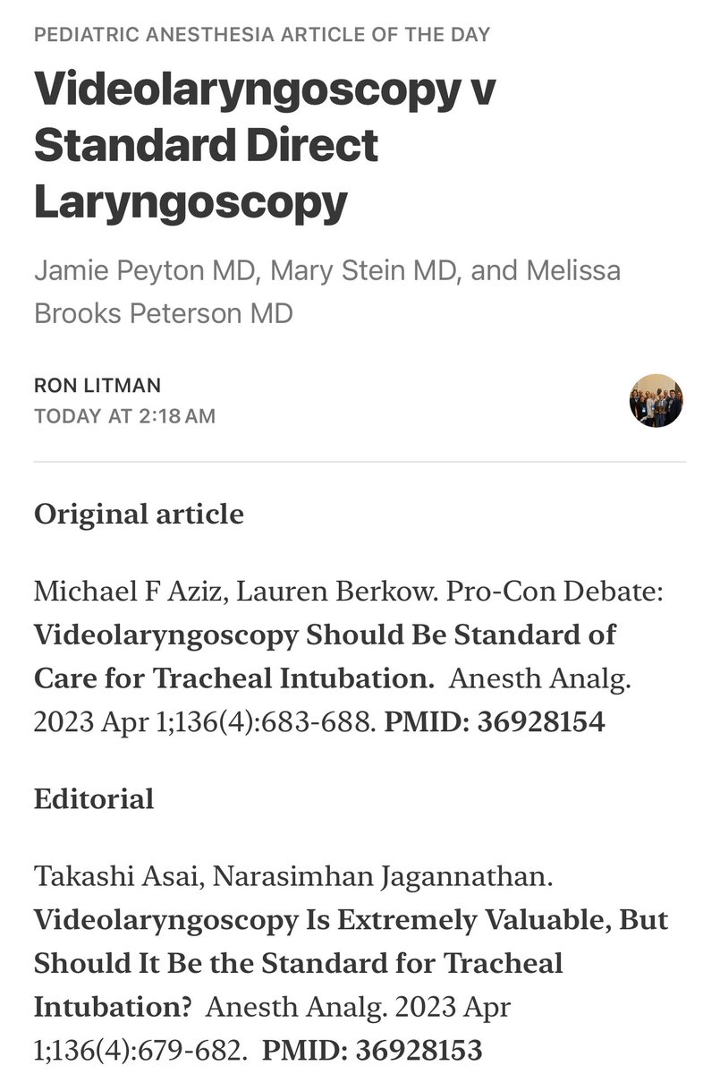 Pediatric Anesthesia Article of the Day

Videolaryngoscopy v Standard Direct Laryngoscopy

Jamie Peyton MD, Mary Stein MD, and Melissa Brooks Peterson MD

open.substack.com/pub/ronlitman/…

#PedsAnes #PedsPain #PedsCardsAnes #PedsICU #MedEd #PAAD
