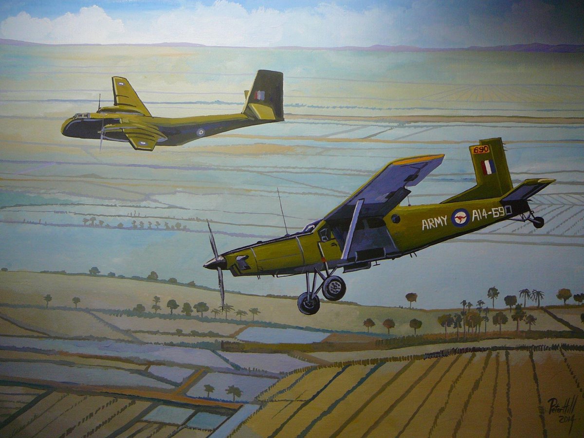 petehill854's tweet image. Painting l did in 2014.
Australian RAAF Caribou and Pilatus PC-6 over Vietnam 1967.
Gouache acrylic on paper 45 x 70 cm