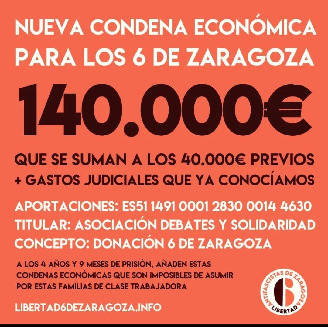 anticapi_'s tweet image. 🛑 Nueva condena a los 6 jóvenes antifascistas de Zaragoza (@Libertad6Zgz), multa de 140.000€
La represión del Estado sigue persiguiendo a quienes defendemos la necesidad de organizar una respuesta política contra el avance de la extrema derecha y las causas que la alimentan.