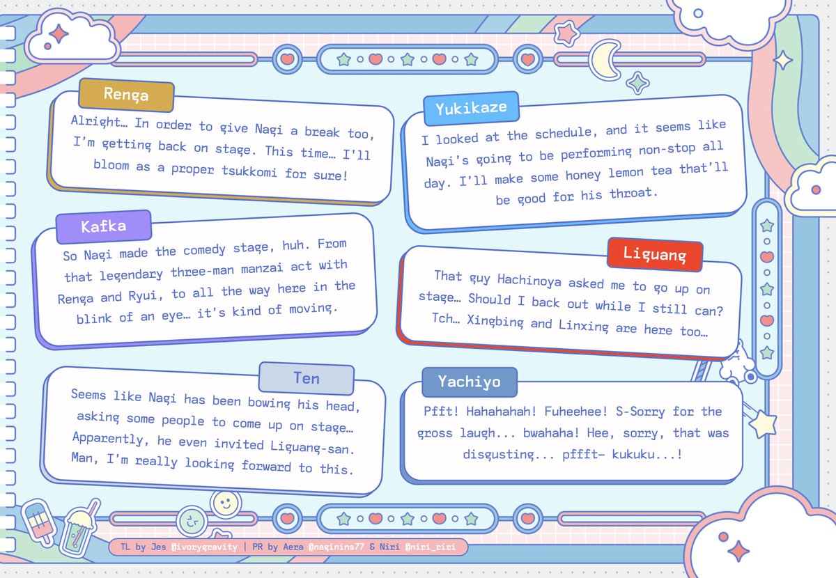ivorygravity's tweet image. here are my translations of every character's voiceline for nagi's 2025 birthday! #18TLip
thanks @naginins77 and @Niri_riri for proofreading &lt;3
happy birthday nagikun 💐💜